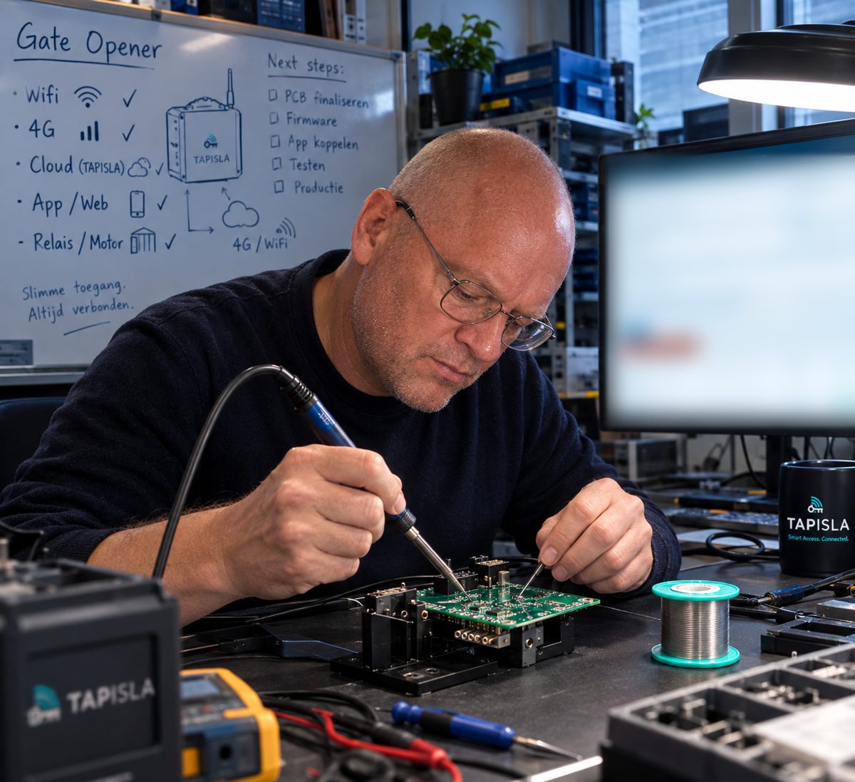 Robbert aan zijn werkbank met elektronica, met een whiteboard vol aantekeningen op de achtergrond.